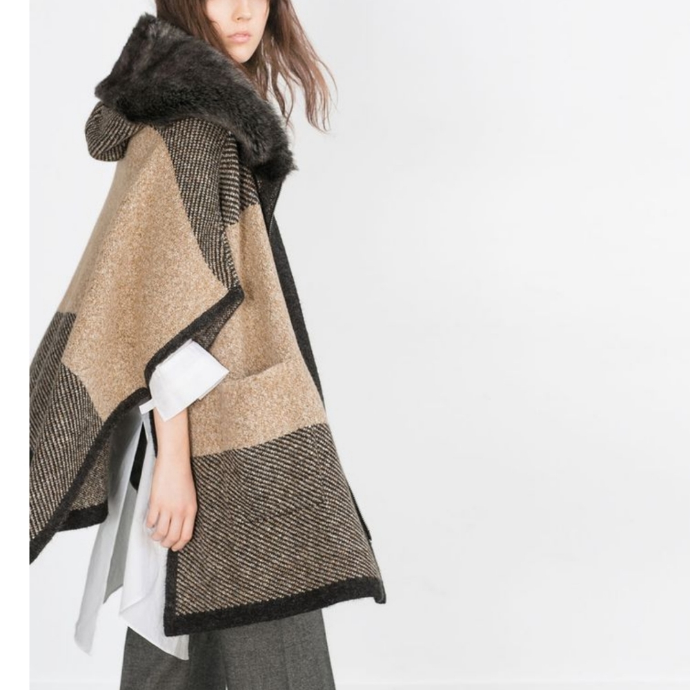 Zara Beige and Black Wool Blend Hooded Poncho
